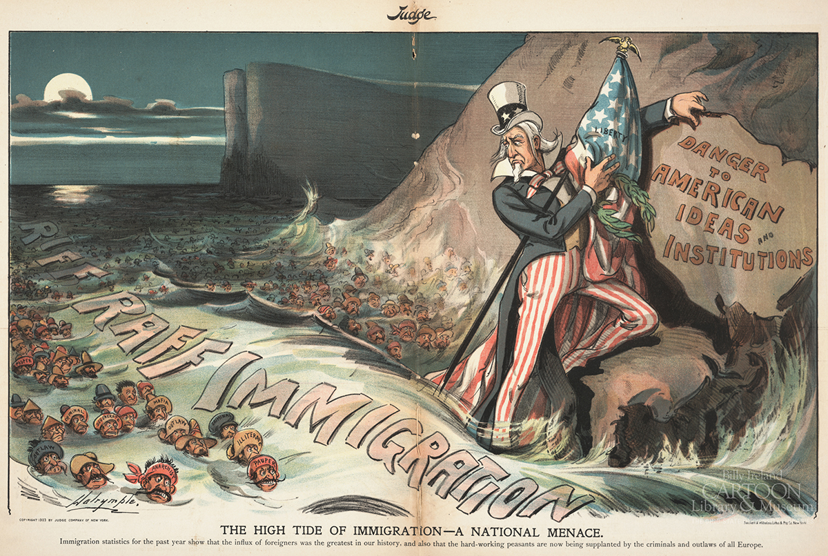A political cartoon of Uncle Sam and immigrants swimming to the US shore.
