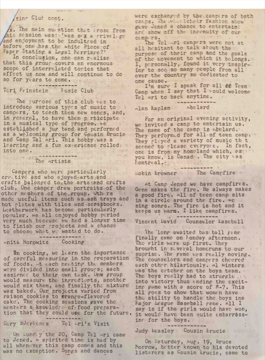 Typed newsletter for Camp Jened