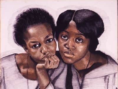 A painting of two Black women, one resting her chin inside a clasped hand and the other holding a notebook. They both look directly at the viewer.